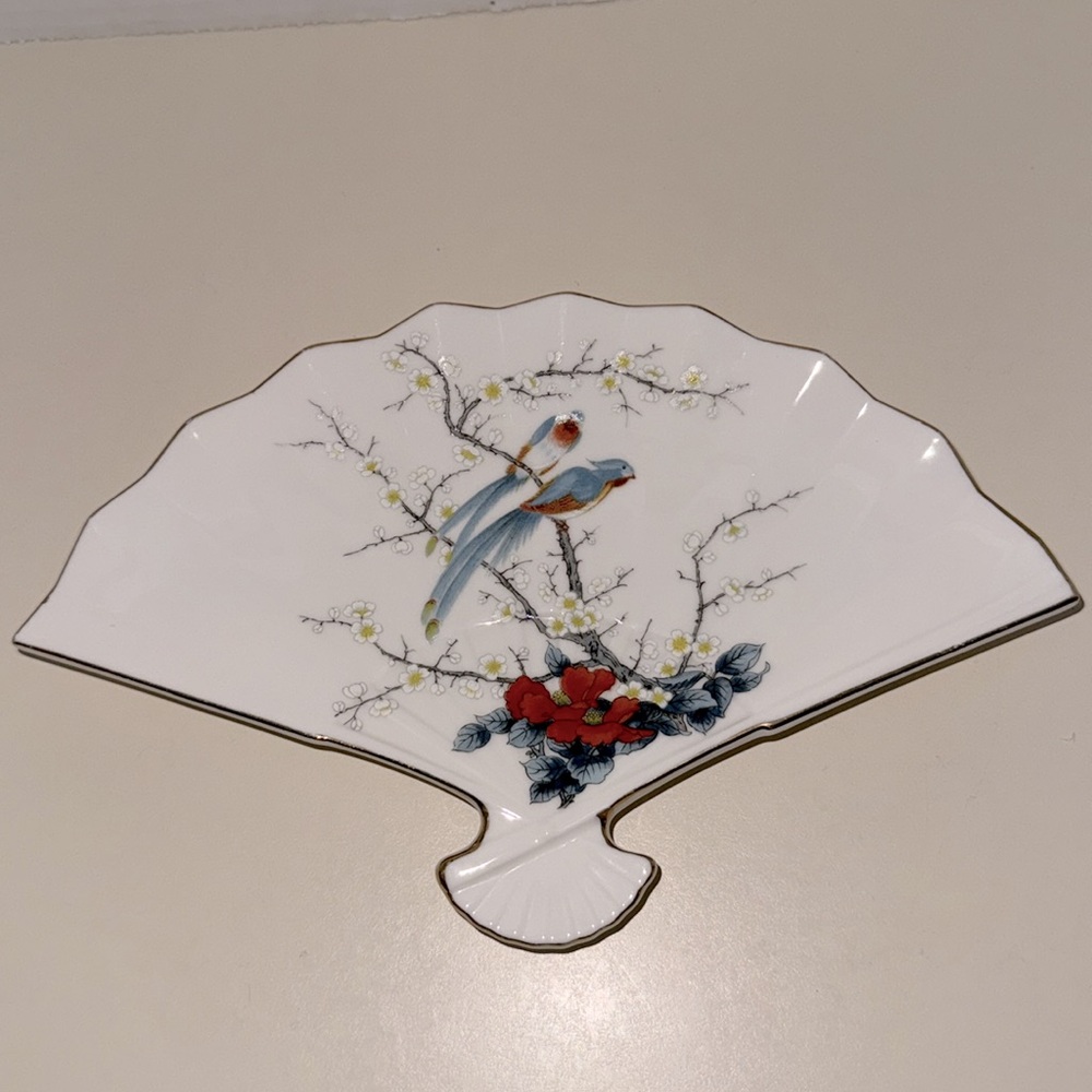 Jay Fan-Shaped Fine China Plate Trinket Dish Bird Floral Design Made in Japan